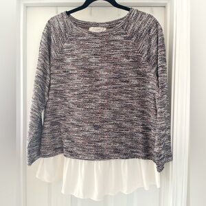 NWT LOFT Long sleeve, lightweight tweed sweater w/ mixed media flowy blouse hem